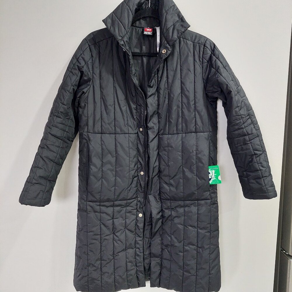 Vtg 90s Oversized DIESEL Black Puffer Quilted Pull Cord Waist Long Coat Unsex S
